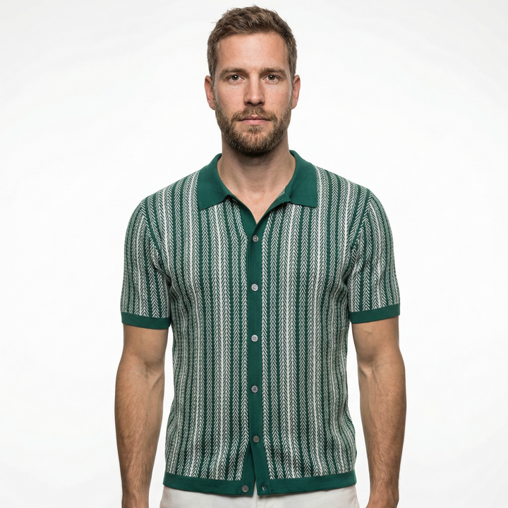 Herren Strick-Poloshirt mit Jacquard-Streifenmuster, Vorderansicht Grün