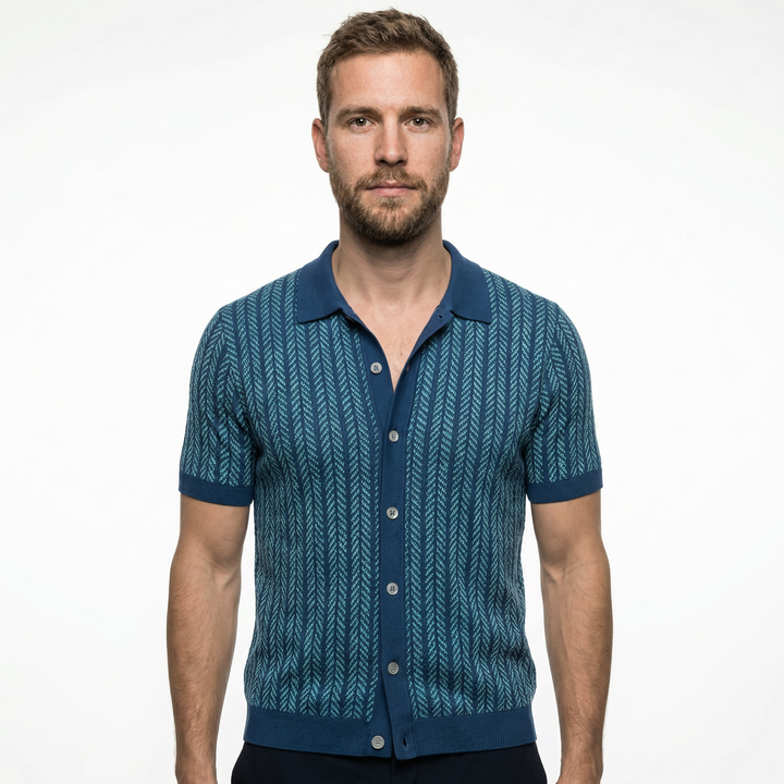 Herren Strick-Poloshirt mit Jacquard-Streifenmuster, Vorderansicht Blau
