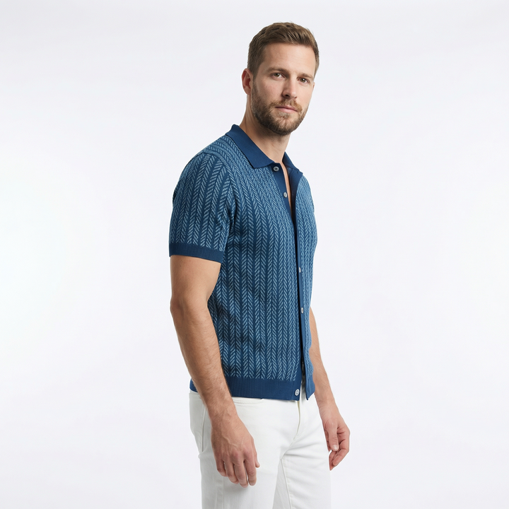 Herren Strick-Poloshirt mit Jacquard-Muster, Seitenansicht Blau