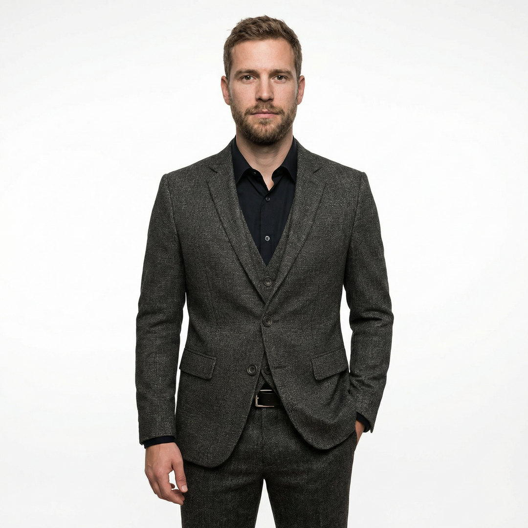 Herren Slim-Fit Blazer marineblau, Dreiviertelansicht, Seitentasche sichtbar