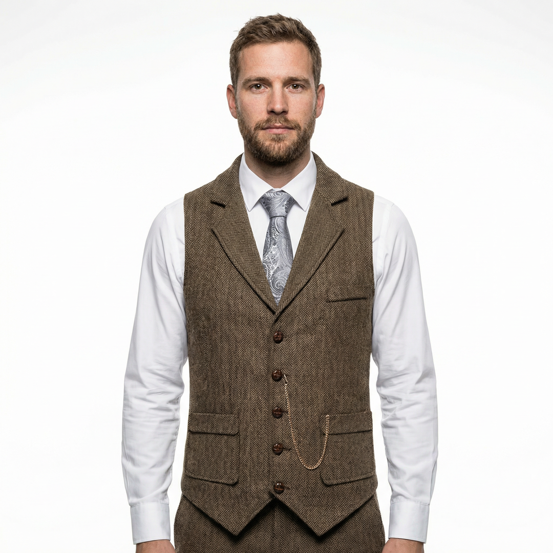 Herren Tweed-Weste mit Fischgrätmuster in Braun, Vorderansicht am Model