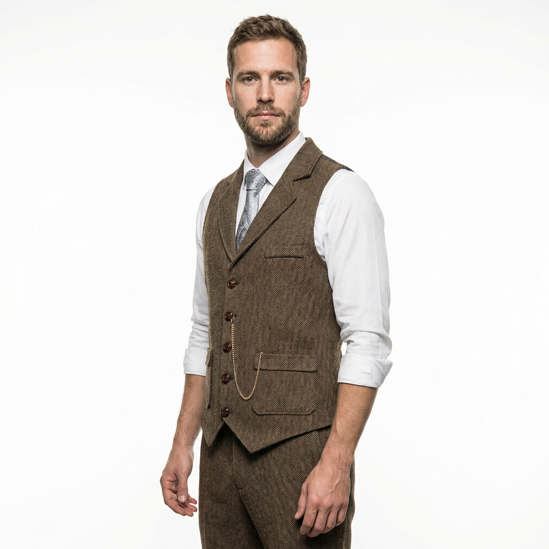 Herren Tweed-Weste Fischgrätmuster Braun, Seitenansicht mit Revers