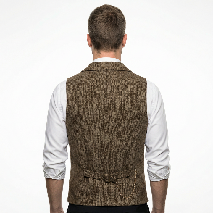Rückenansicht Herren Tweed-Weste Braun, Rückenriemen und Kettchen sichtbar