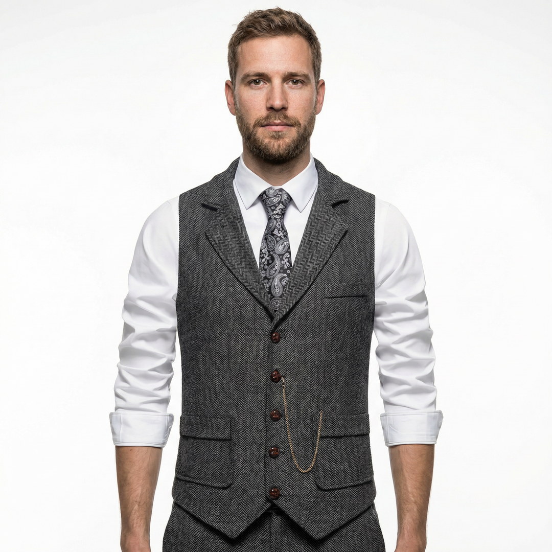 Herren Tweed-Weste mit Fischgrätmuster in Grau, Vorderansicht am Model