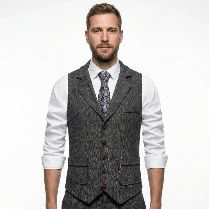 Herren Tweed-Weste mit Fischgrätmuster in Grau, Vorderansicht am Model