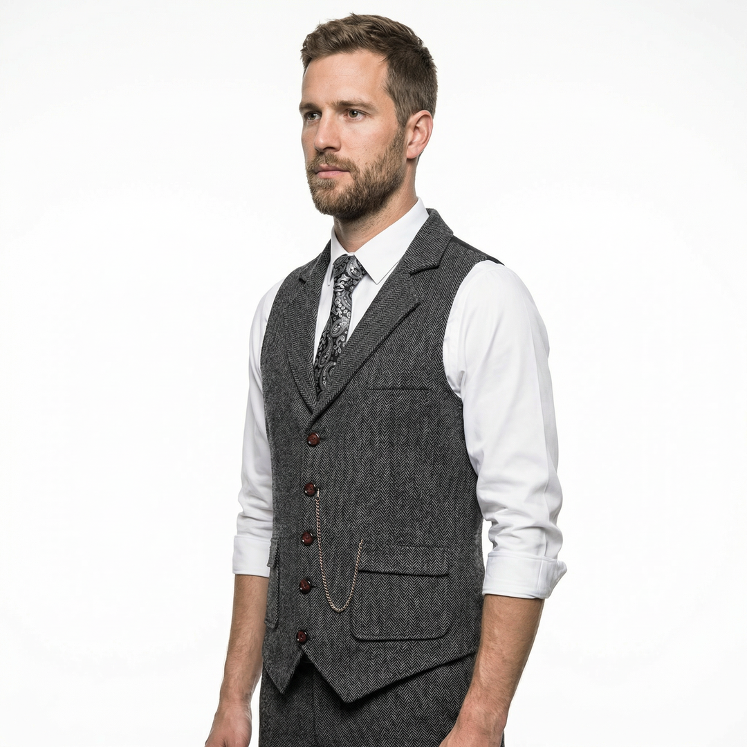 Herren Tweed-Weste Fischgrätmuster Grau, Seitenansicht mit Revers
