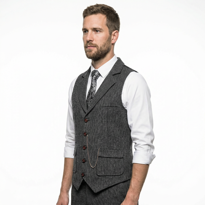 Herren Tweed-Weste Fischgrätmuster Grau, Seitenansicht mit Revers