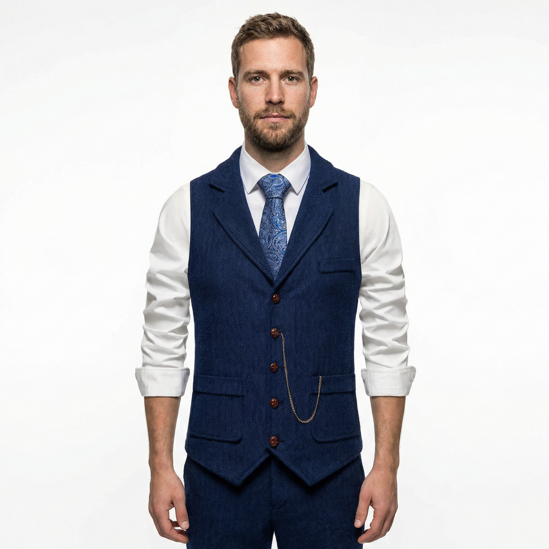 Herren Tweed-Weste mit Fischgrätmuster in Dunkelblau, Vorderansicht