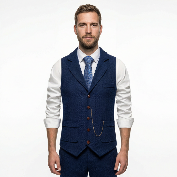 Herren Tweed-Weste mit Fischgrätmuster in Dunkelblau, Vorderansicht