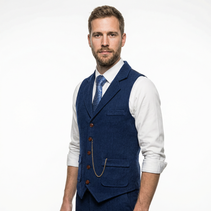 Herren Tweed-Weste Fischgrätmuster Dunkelblau, Seitenansicht