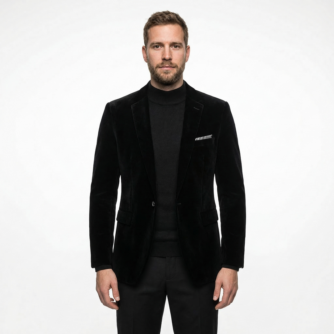 Herren Samtblazer Schwarz, Slim Fit, Stehkragen, Frontansicht