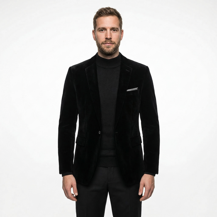 Herren Samtblazer Schwarz, Slim Fit, Stehkragen, Frontansicht