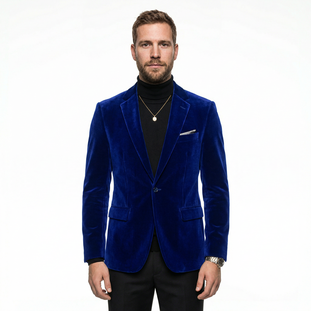 Herren Samtblazer Marineblau, Slim Fit, Stehkragen, Frontansicht