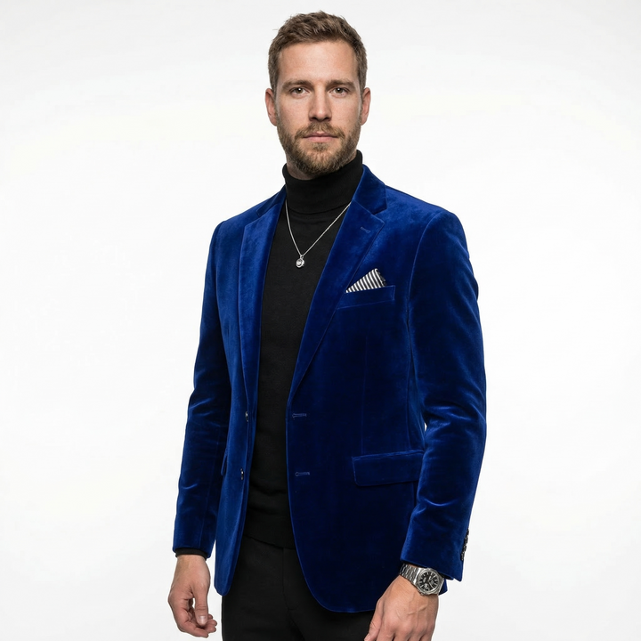 Herren Samtblazer Marineblau, Seitenansicht, Langarm