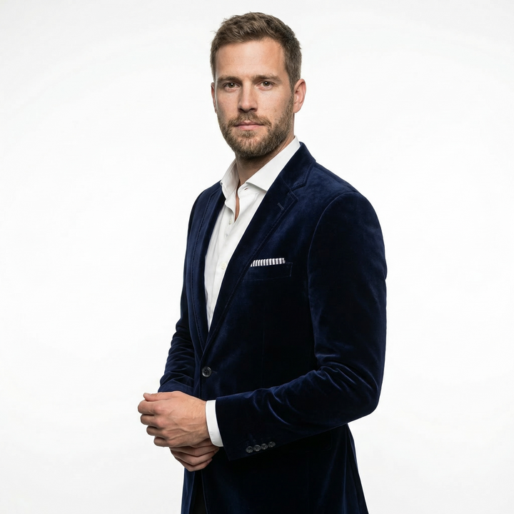 Herren Samtblazer Blau, Ganzkörper Frontansicht, Slim Fit