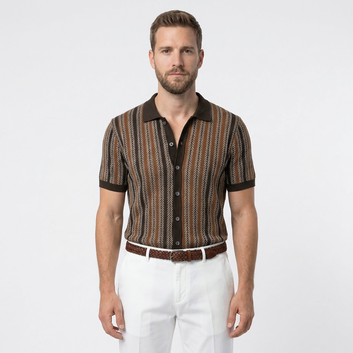 Herren Strick-Poloshirt mit Jacquard-Streifenmuster, Umlegekragen, Vorderansicht