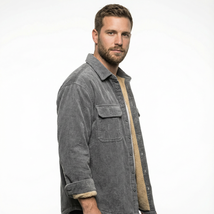 Herren Cord-Fleece-Jacke in Grau, Seitenansicht mit sichtbarem Fleecefutter