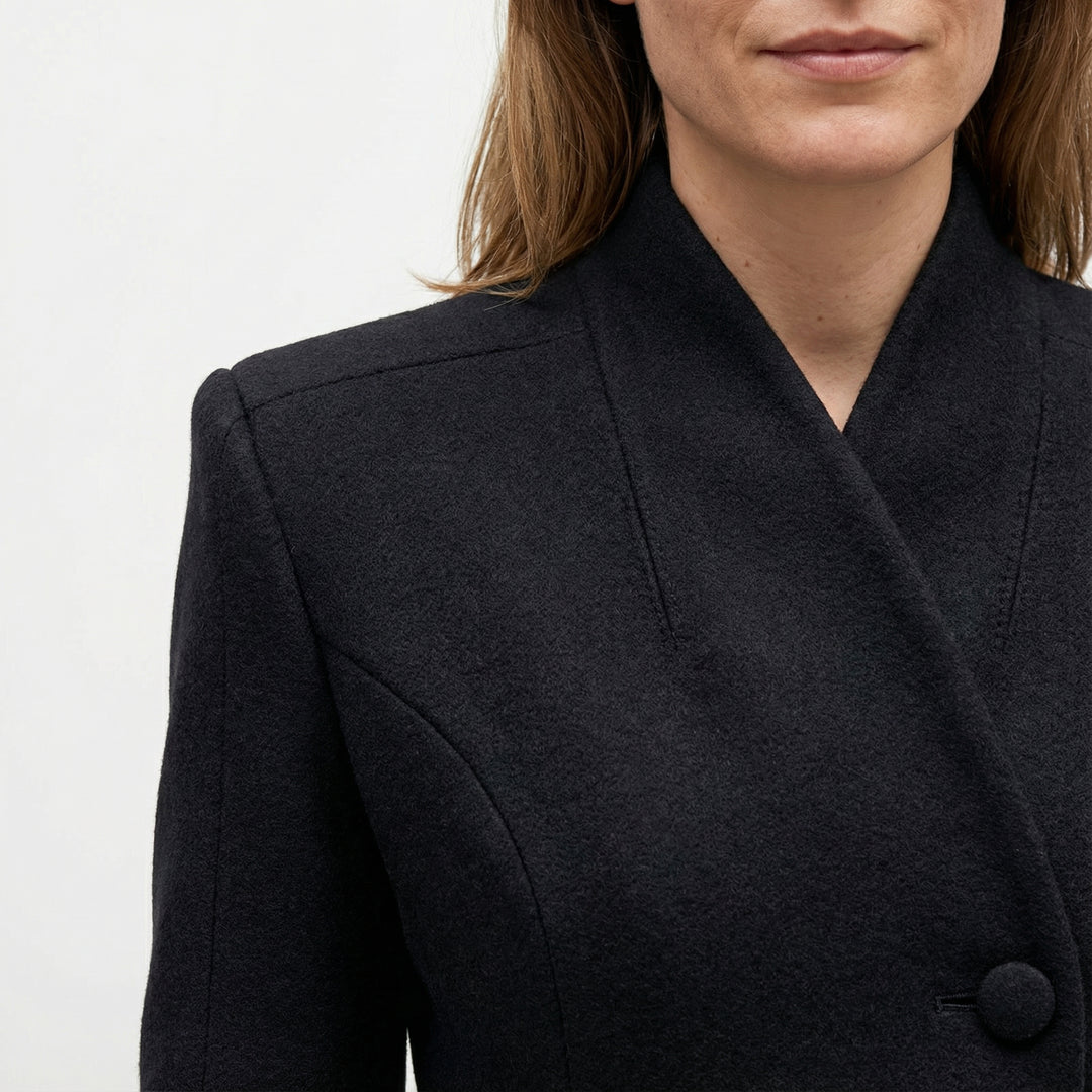 Nahaufnahme V-Kragen und Knopfdetail, Damen Longmantel Schwarz