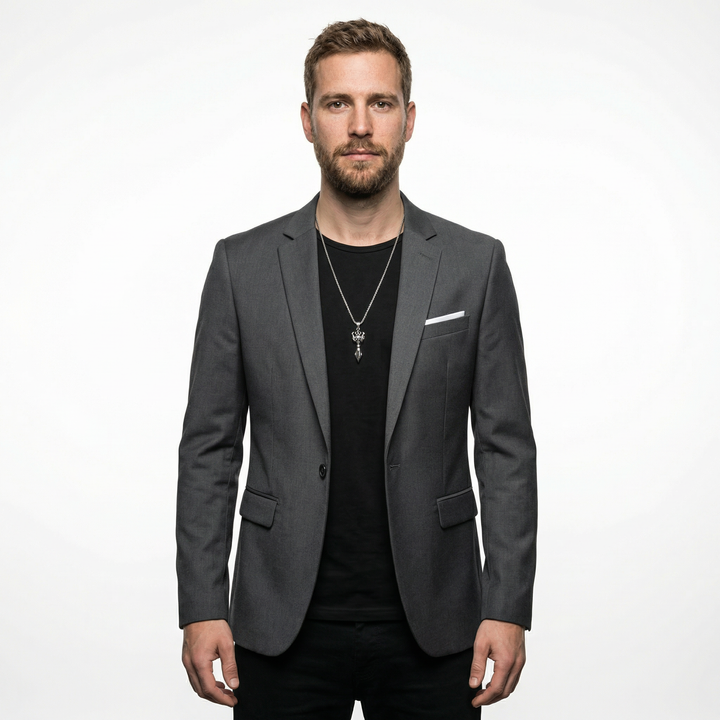 Herren Slim Fit Blazer in Dunkelgrau, Vorderansicht am Model