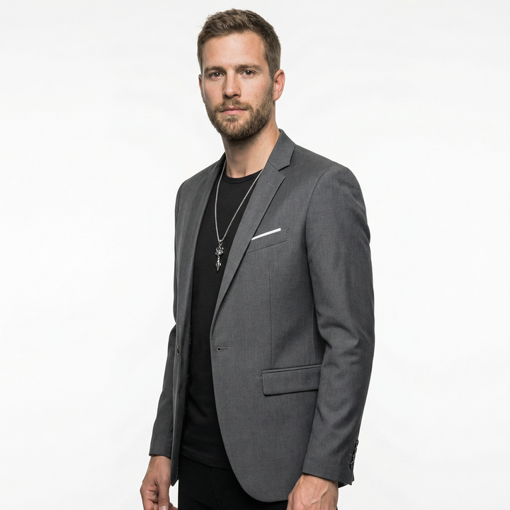 Herren Slim Fit Blazer in Dunkelgrau, Seitenansicht am Model