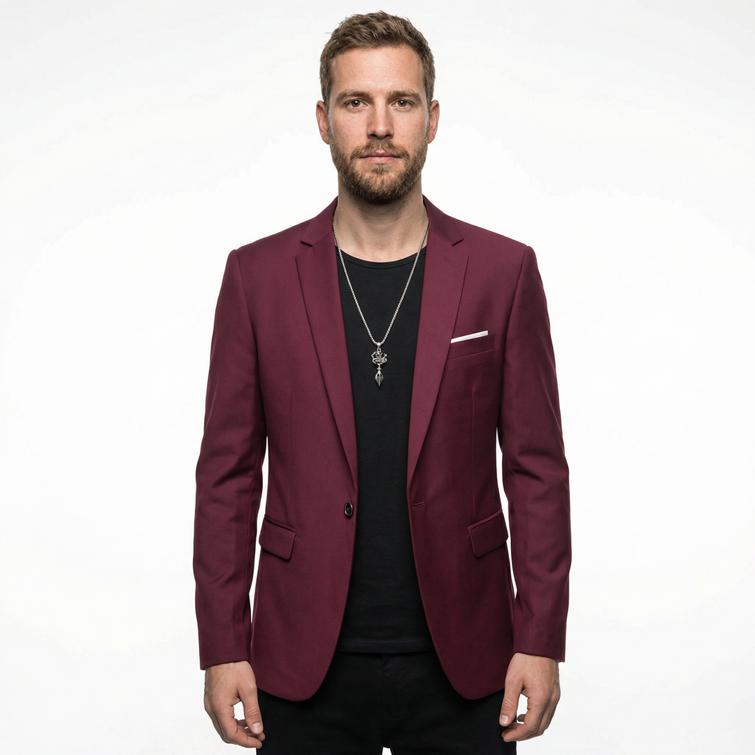Herren Slim Fit Blazer in Bordeaux, Vorderansicht am Model