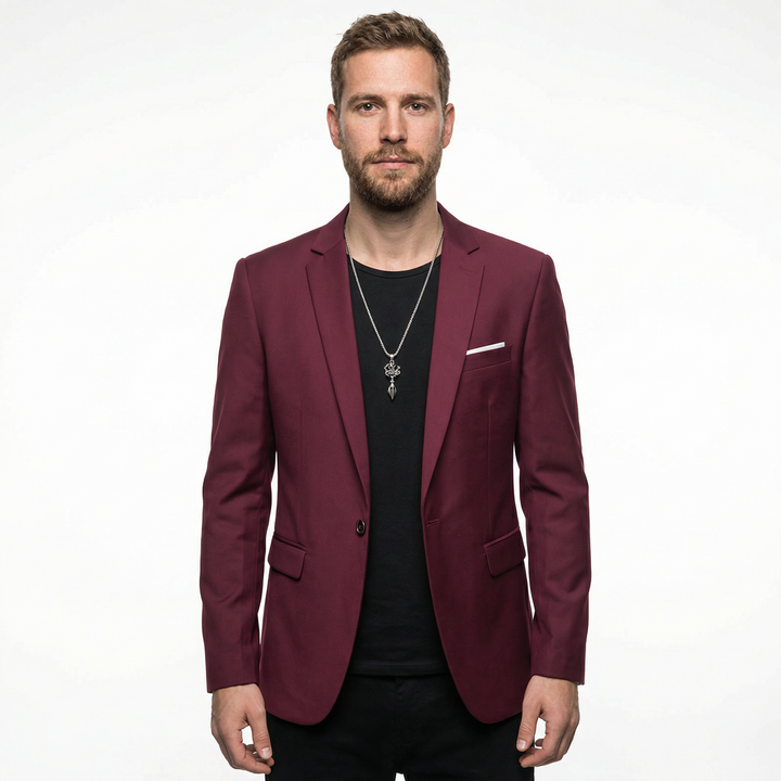 Herren Slim Fit Blazer in Bordeaux, Vorderansicht am Model
