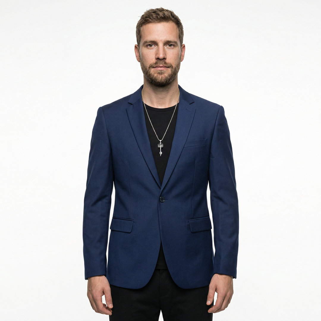 Herren Slim Fit Blazer in Blau, Vorderansicht am Model