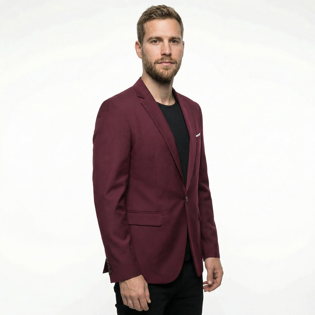 Herren Slim Fit Blazer in Bordeaux, Seitenansicht am Model