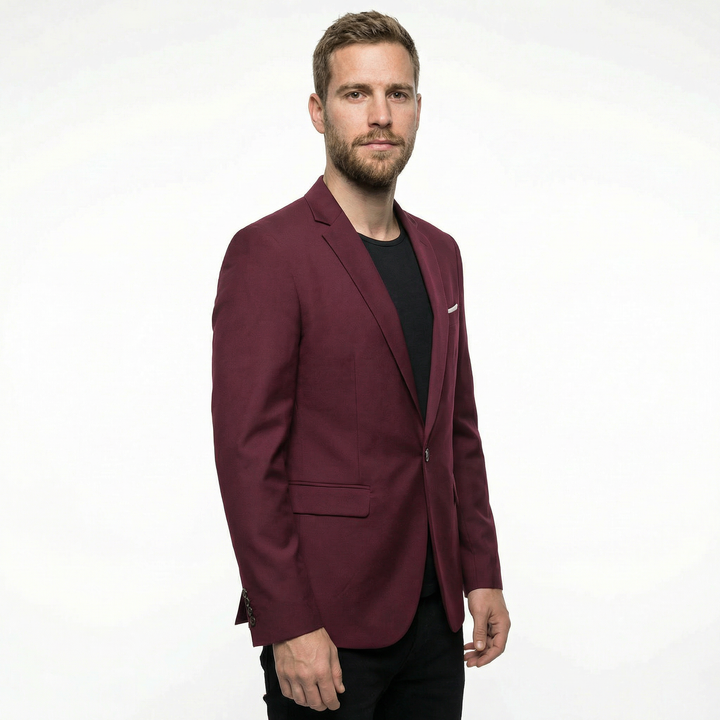 Herren Slim Fit Blazer in Bordeaux, Seitenansicht am Model