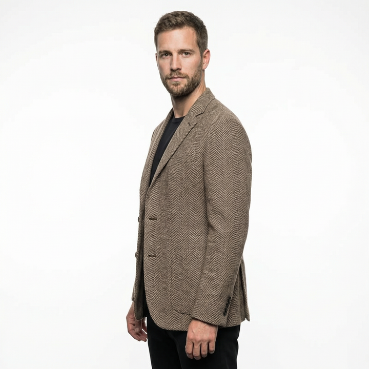 Herren Blazer mit Fischgrätmuster, Seitenansicht – Silhouette und Länge sichtbar