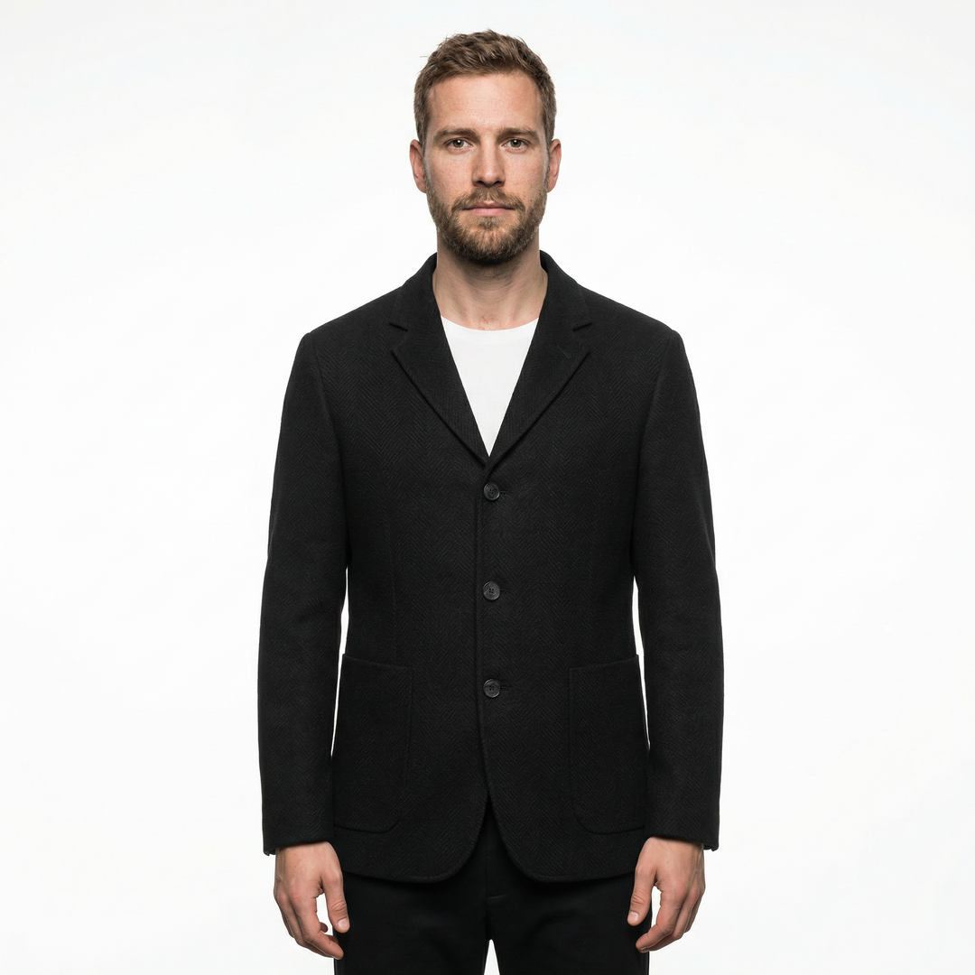 Herren Slim-Fit Blazer in Schwarz, einreihig mit drei Knöpfen, Vorderansicht