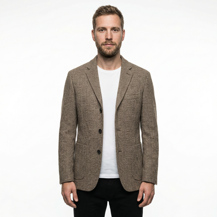 Herren Slim-Fit Blazer im Fischgrätmuster, Beige-Braun, Vorderansicht am Model