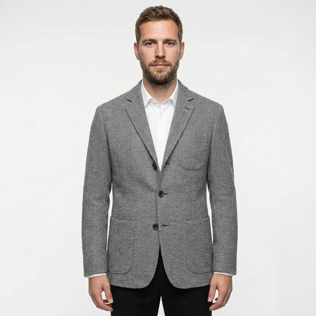 Herren Slim-Fit Blazer in Grau mit Fischgrätmuster, Vorderansicht am Model
