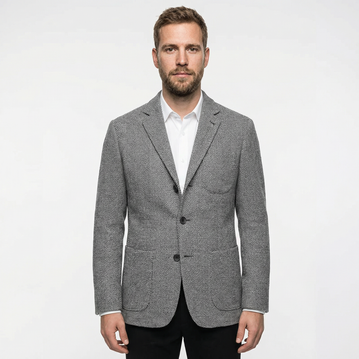 Herren Slim-Fit Blazer in Grau mit Fischgrätmuster, Vorderansicht am Model