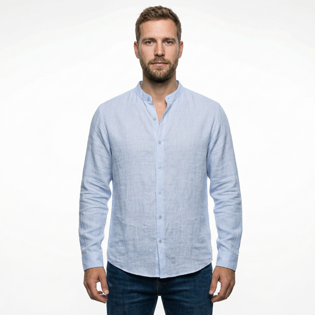 Herren Leinenhemd mit Stehkragen, Slim Fit, hellblaue Variante, Vorderansicht
