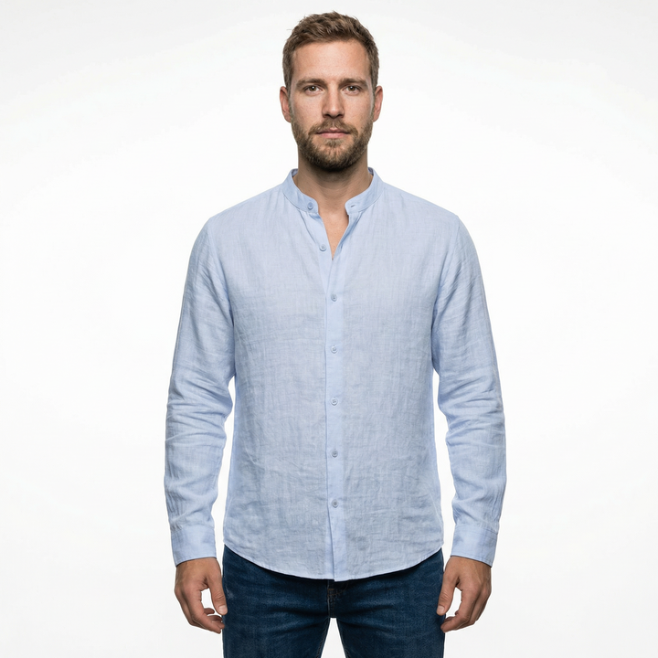 Herren Leinenhemd mit Stehkragen, Slim Fit, hellblaue Variante, Vorderansicht