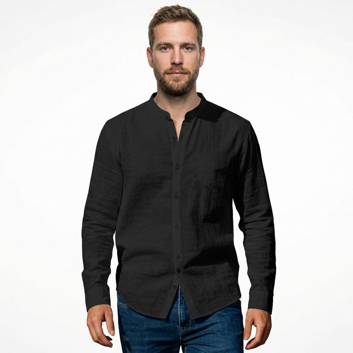 Herren Leinenhemd mit Stehkragen, Slim Fit, schwarze Variante, Vorderansicht