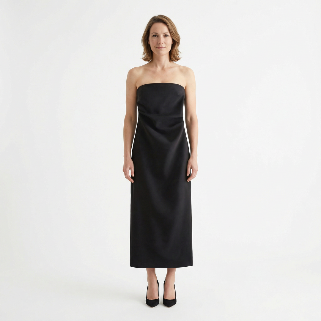 Schwarzes Bandeau-Midikleid, figurbetonend, Frontansicht