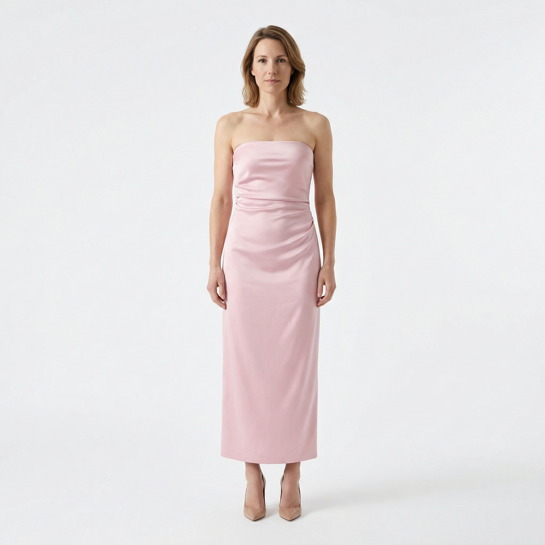 Rosafarbenes Bandeau-Midikleid mit Taillendrapierung, Frontansicht