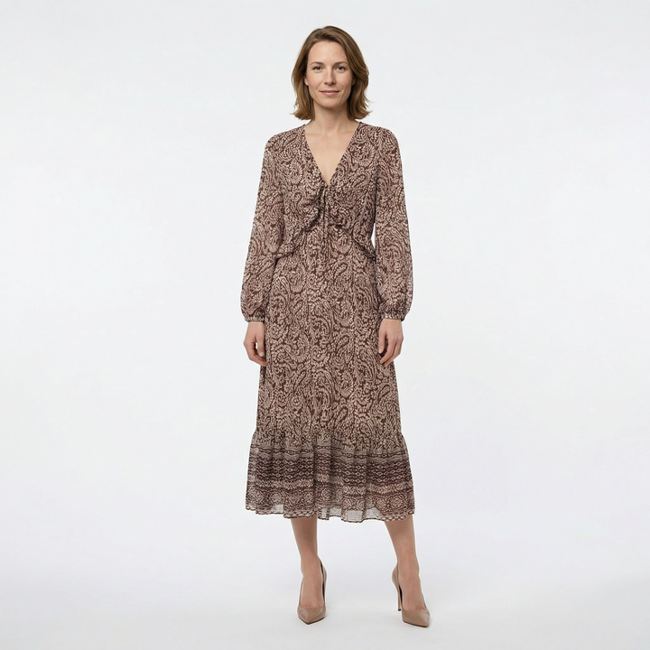 Damen-Midikleid mit Paisleydruck, V-Ausschnitt und Volant-Saum, Vorderansicht