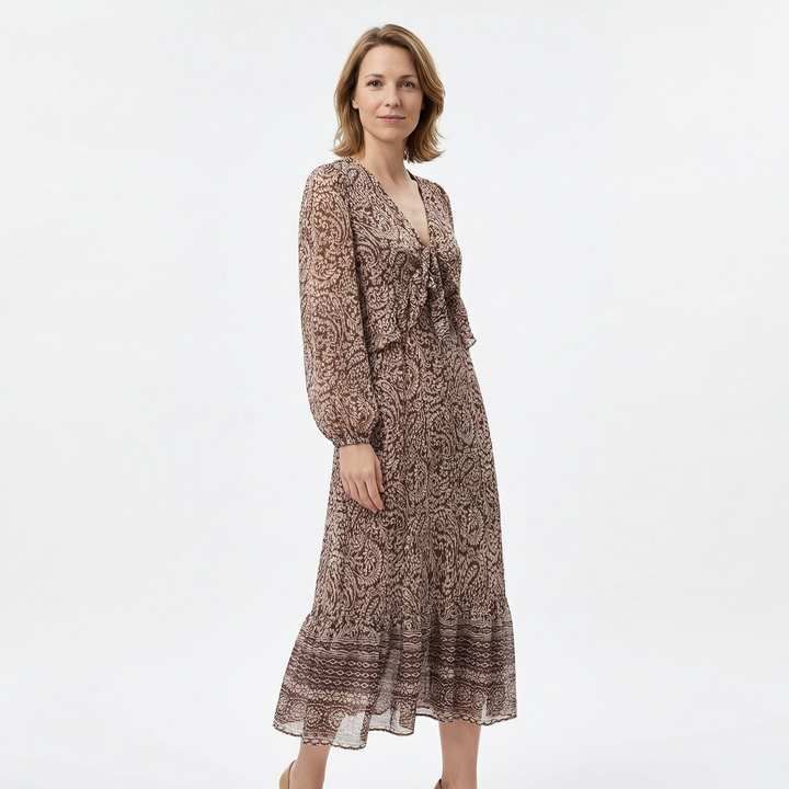 Damen-Midikleid mit Paisleydruck, Dreiviertelansicht, fließender Volant-Saum