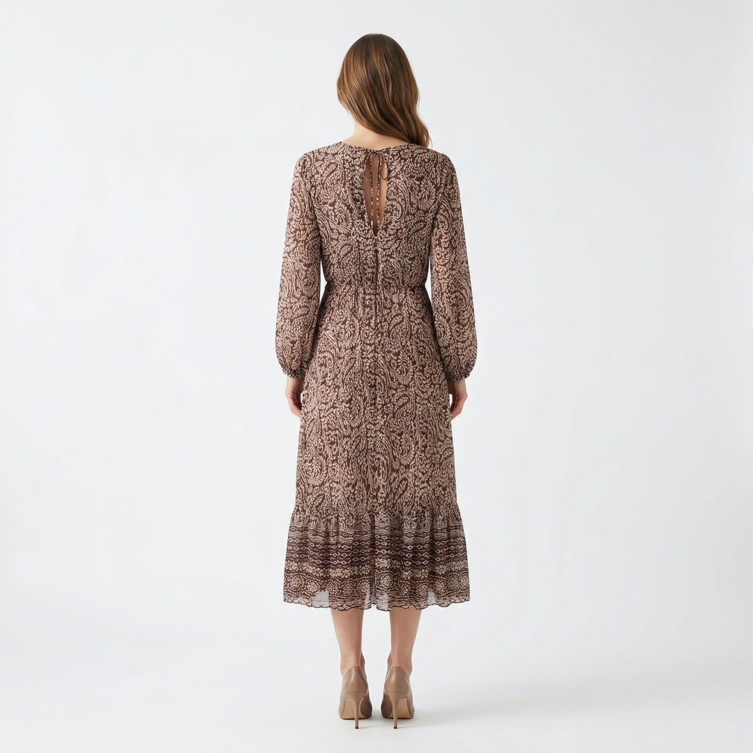 Damen-Midikleid mit Paisleydruck, Rückenansicht, elastische Taille und Volant-Saum