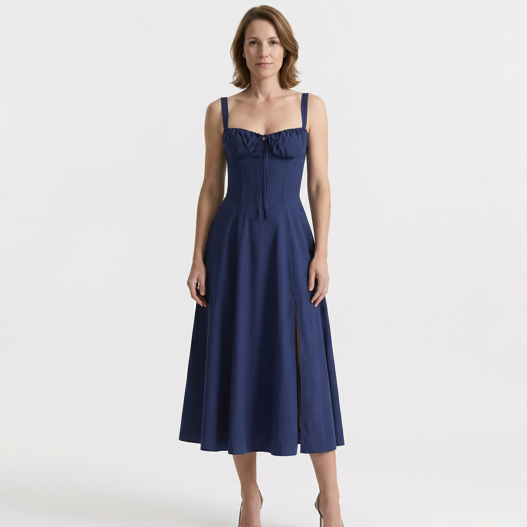 Trägermidikleid dunkelblau, A-Linie, Frontansicht mit Schlitz