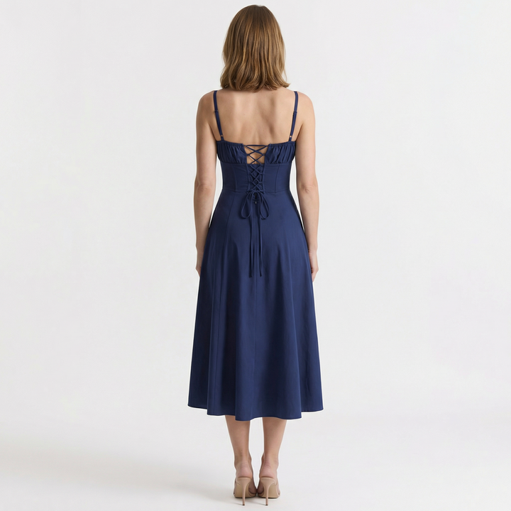 Trägermidikleid dunkelblau, Rückenansicht mit Korsettschnürung