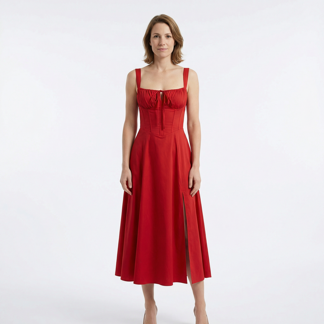 Trägermidikleid rot, A-Linie, Frontansicht mit Beinschlitz