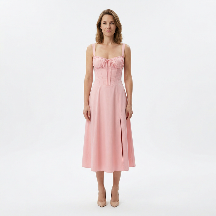 Trägermidikleid rosa, A-Linie, Frontansicht mit Beinschlitz