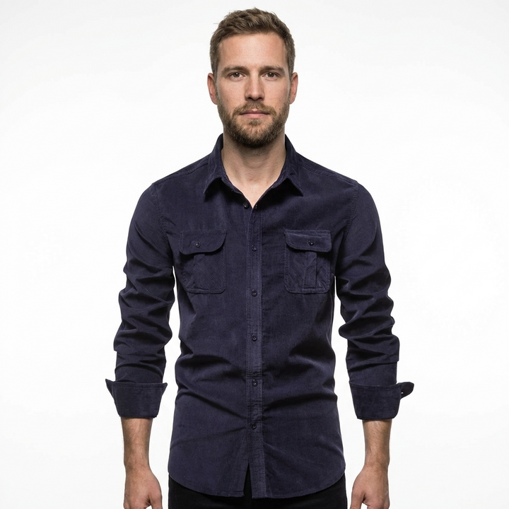 Herren Cordhemd Marineblau Slim Fit, Langarm, Frontalansicht