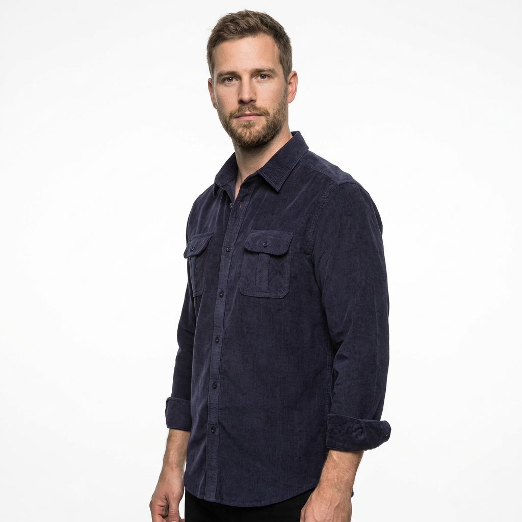 Herren Cordhemd Marineblau, Rückenansicht, Slim Fit Langarm