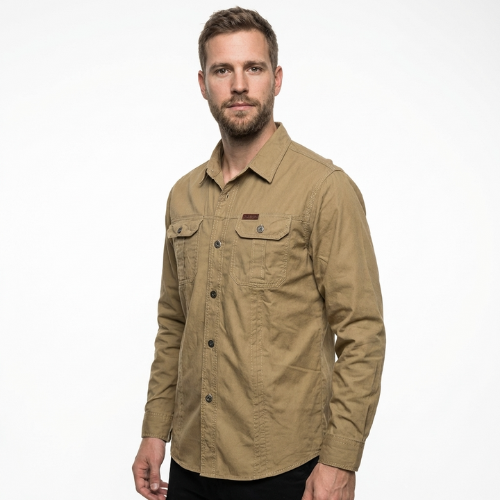 Herren Cargo-Hemd Khaki, lässiger Stil, Frontansicht Detailblick