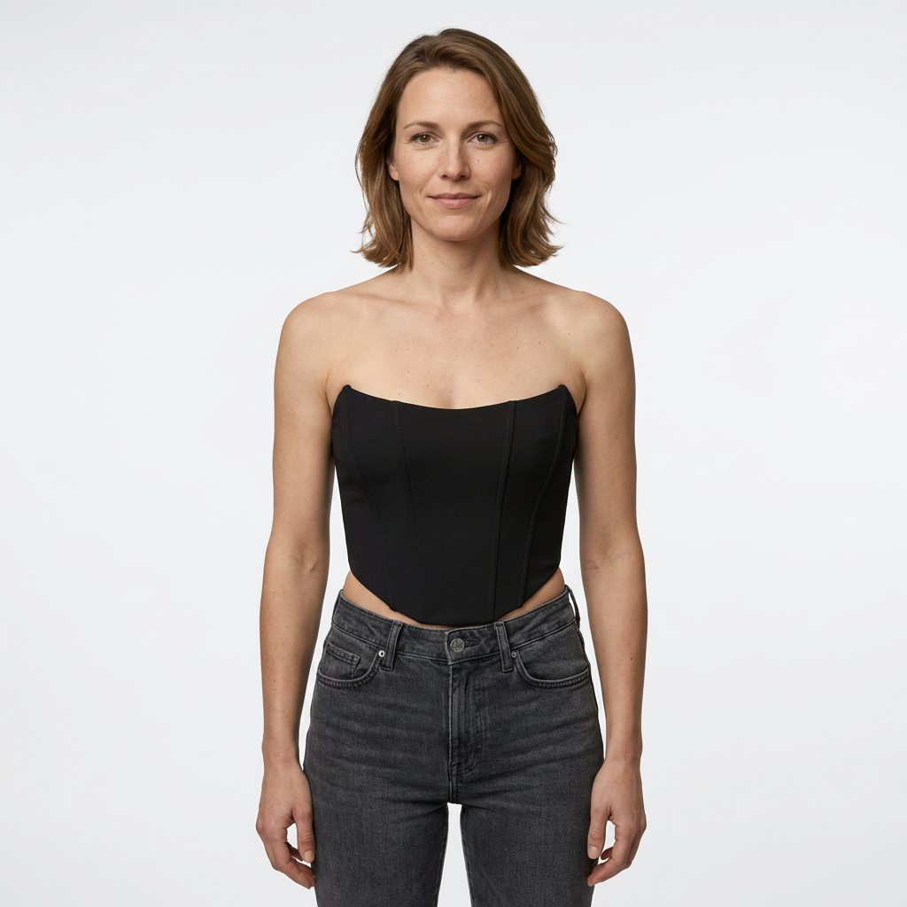 Schwarzes Korsett Crop Top Bandeau, Samt-Optik, Vorderansicht